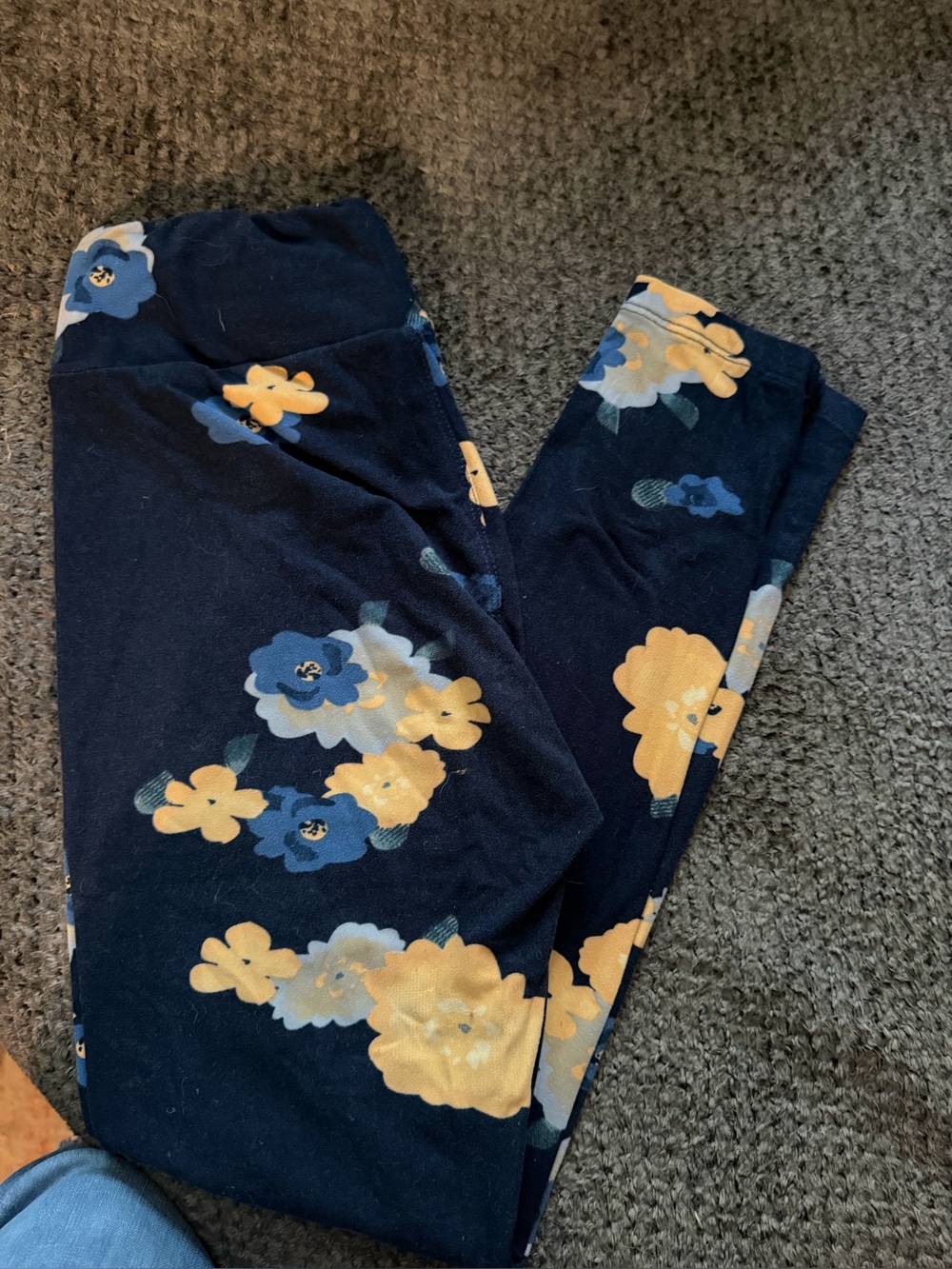 Ladies Navy Floral Leggings - Yellow & Blue Flower Print